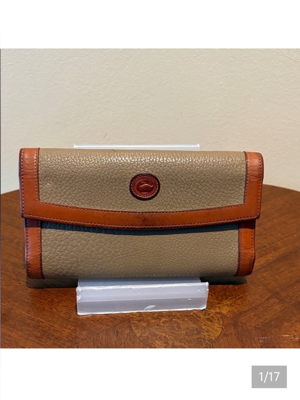 Dooney & Bourke All weather Leather Taupe /Cognac wallet kisslock back coin